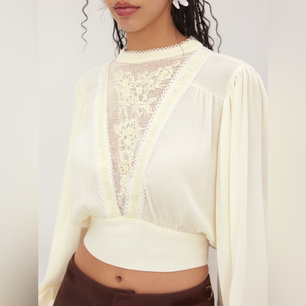 Joie - Ivory Floral Embroidery Lace Cutout Crop Blouse - Women’s Large